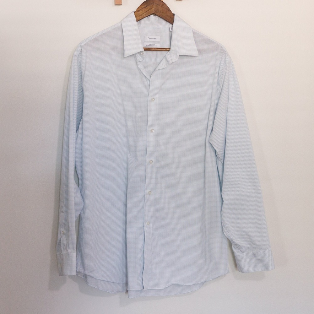 Calvin Klein Mens Regular Fit Performance Non-Iron Shirt Blue Check 17 34/35